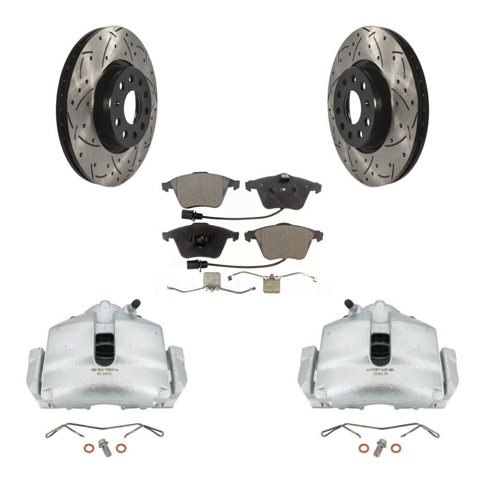Front Disc Brake Coated Caliper Drilled Slotted Rotors And Ceramic Pads Kit For 2010 Volkswagen CC Passat KCD-100158T