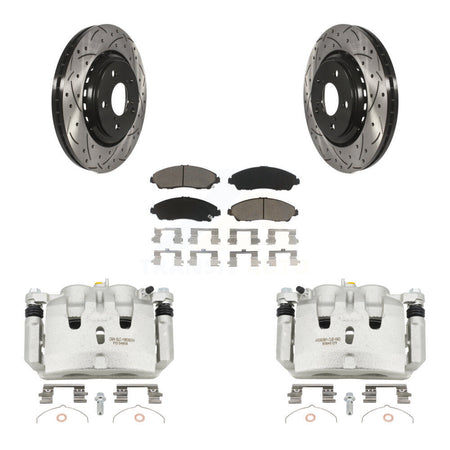 Front Brake Caliper Drill Slot Rotor Ceramic Pad Kit For Honda Pilot Ridgeline Acura MDX KCD-100159C