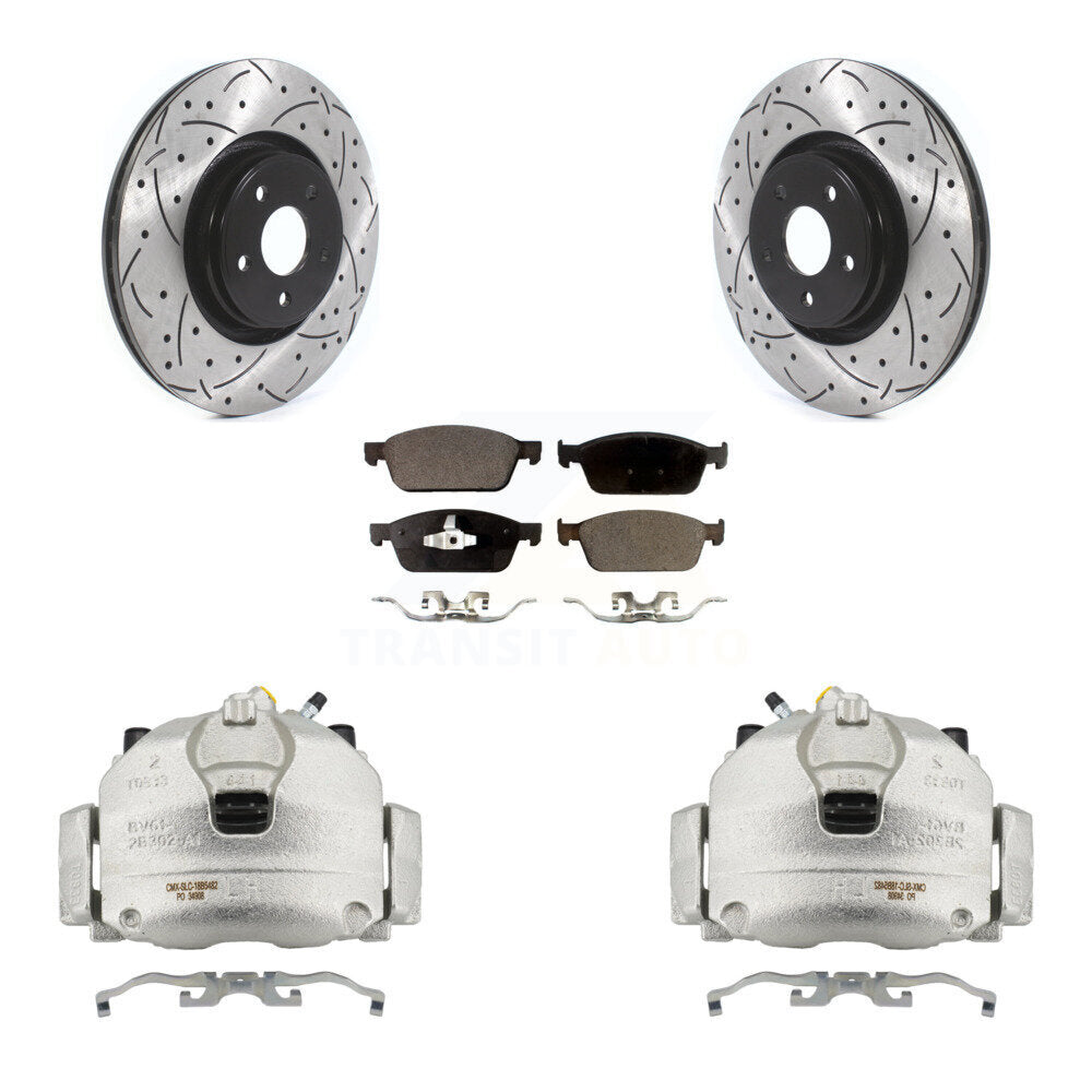 Front Disc Brake Coated Caliper Drilled Slotted Rotors & Ceramic Pad Kit For Lincoln MKC KCD-100159T