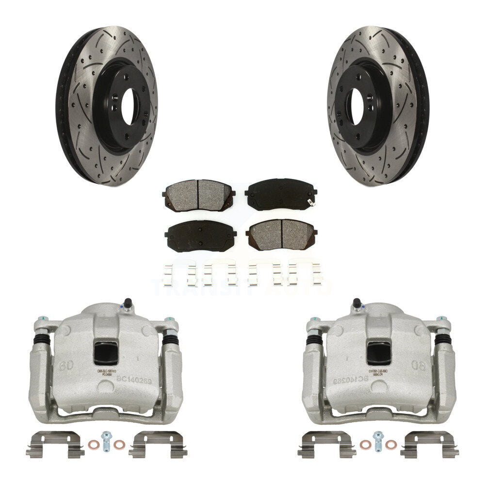 Front Brake Caliper Drill Slotted Rotor Semi-Metallic Pad Kit For 2016 Kia Sportage 2.4L KCD-100167S