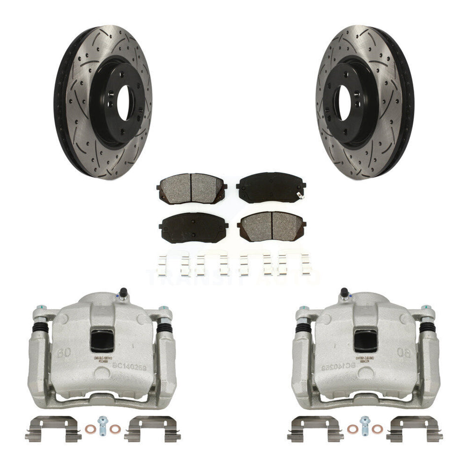 Front Brake Caliper Drill Slotted Rotor Semi-Metallic Pad Kit For 2016 Kia Sportage 2.4L KCD-100167S