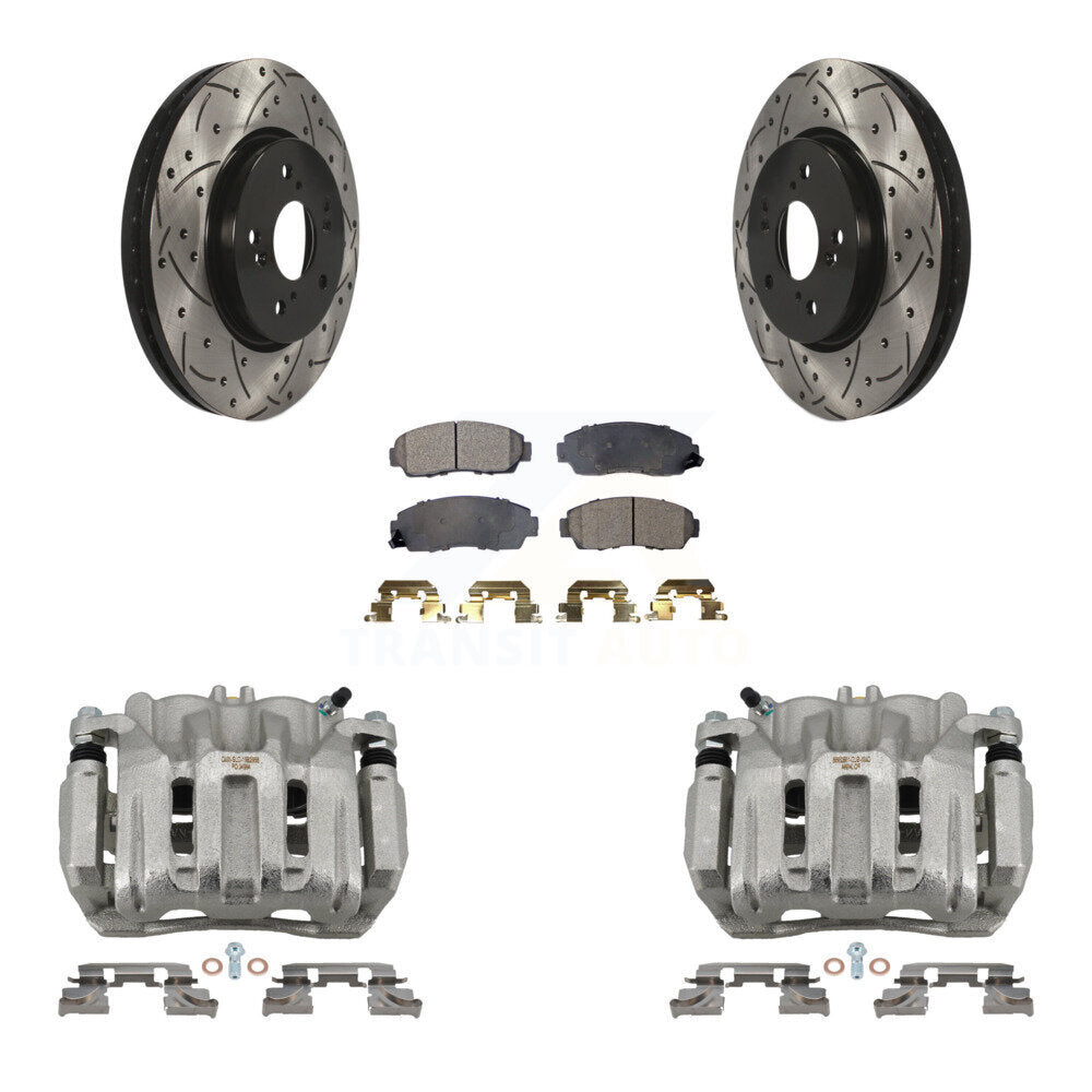 Front Brake Coat Caliper Drill Slot Rotor Semi-Metallic Pad Kit For Honda CR-V Acura RDX KCD-100168P