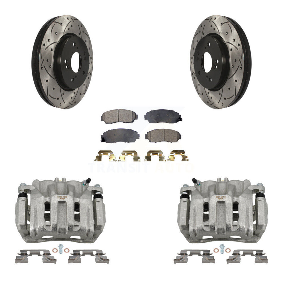 Front Brake Coat Caliper Drill Slot Rotor Semi-Metallic Pad Kit For Honda CR-V Acura RDX KCD-100168P