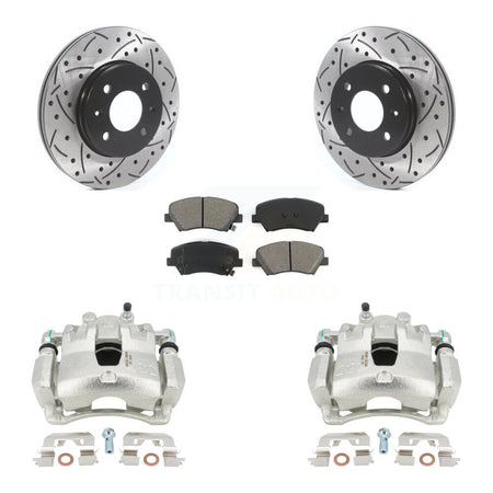 Front Disc Brake Coated Caliper Drilled Slotted Rotors And Semi-Metallic Pads Kit For Hyundai Accent Kia Rio KCD-100170S by Transit Auto