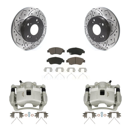 Front Brake Coated Caliper Drill Slotted Rotor Ceramic Pad Kit For Honda Civic Acura RSX KCD-100171C