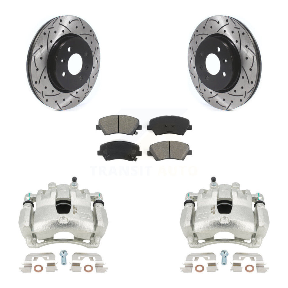 Front Disc Brake Coated Caliper Drilled Slotted Rotors And Semi-Metallic Pads Kit For Kia Rio KCD-100173S