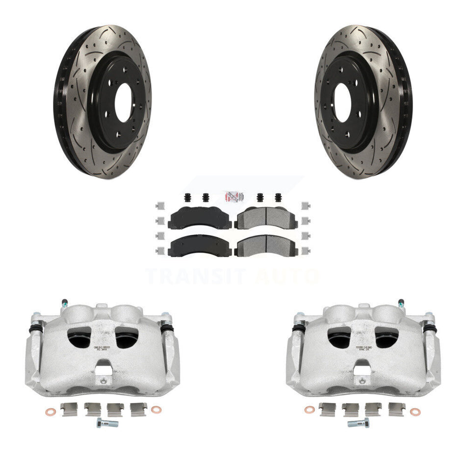 Front Disc Brake Coated Caliper Drilled Slotted Rotors And Semi-Metallic Pads Kit For 2010-2011 Ford F-150 With 7 Lug Wheels KCD-100176N
