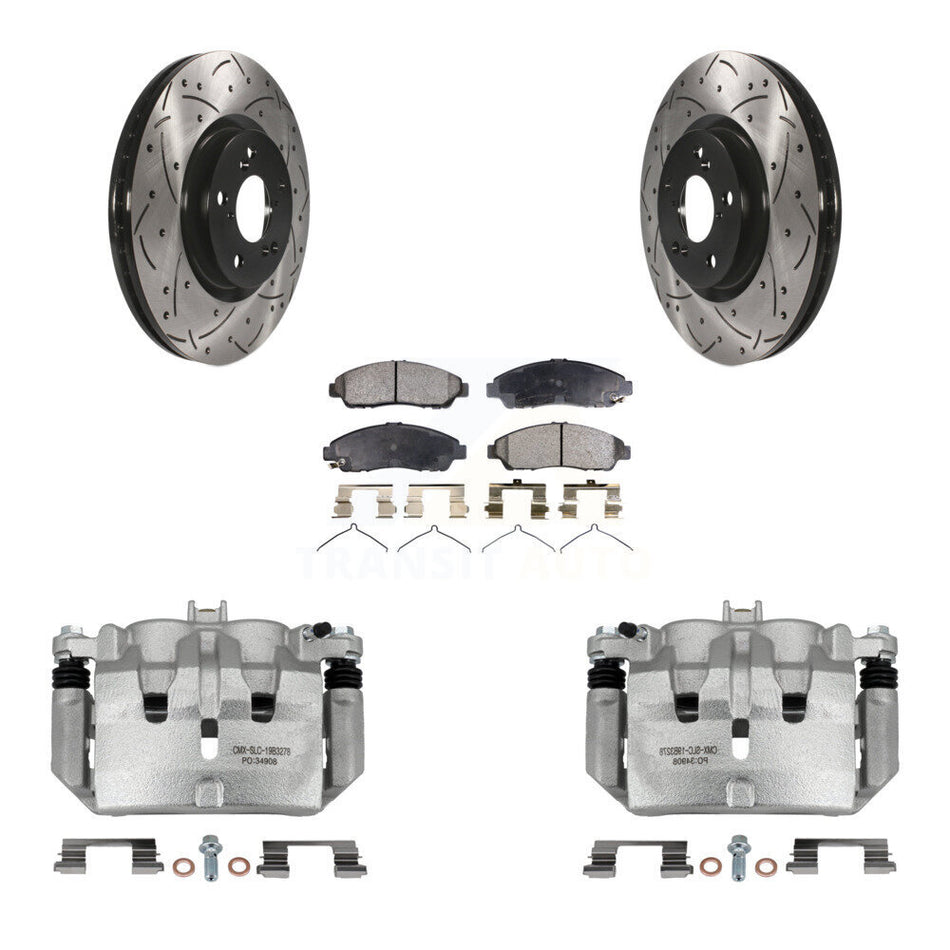 Front Disc Brake Coated Caliper Drill Slot Rotor Semi-Metallic Pad Kit For Acura MDX ZDX KCD-100176P
