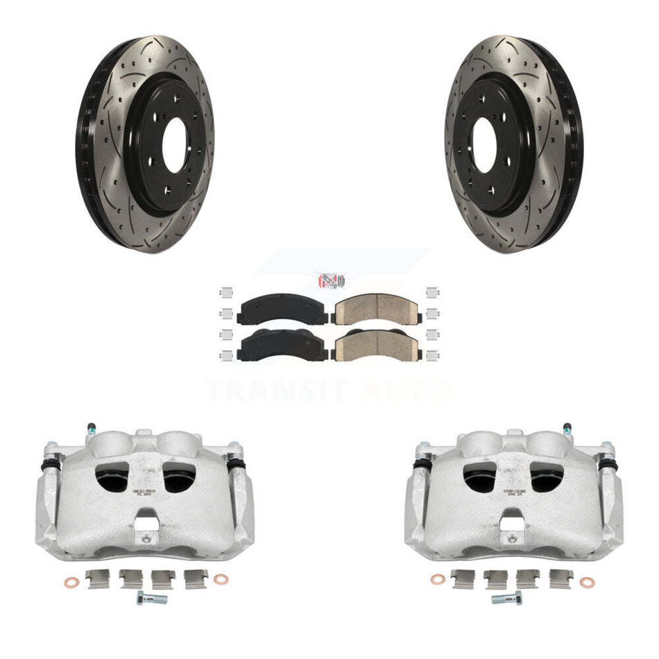 Front Disc Brake Coated Caliper Drilled Slotted Rotors And Ceramic Pads Kit For 2010-2011 Ford F-150 With 7 Lug Wheels KCD-100177N