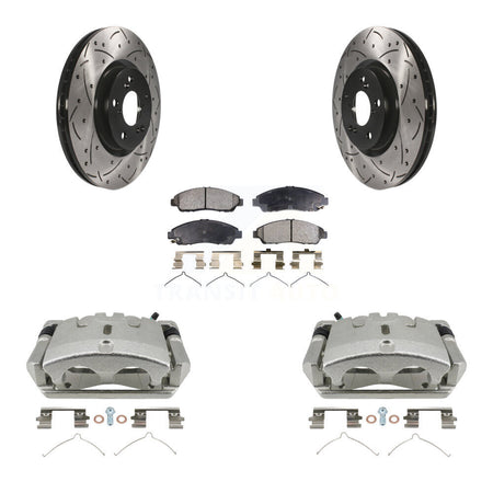 Front Brake Caliper Drill Slotted Rotors Semi-Metallic Pad Kit For 2009-2015 Honda Pilot KCD-100177P