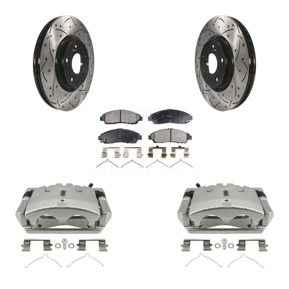 Front Brake Caliper Drill Slotted Rotors Semi-Metallic Pad Kit For 2009-2015 Honda Pilot KCD-100177P
