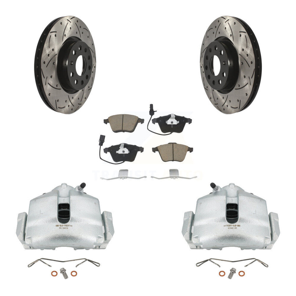 Front Disc Brake Coated Caliper Drilled Slotted Rotors And Ceramic Pads Kit For 2010 Volkswagen CC Passat KCD-100178C