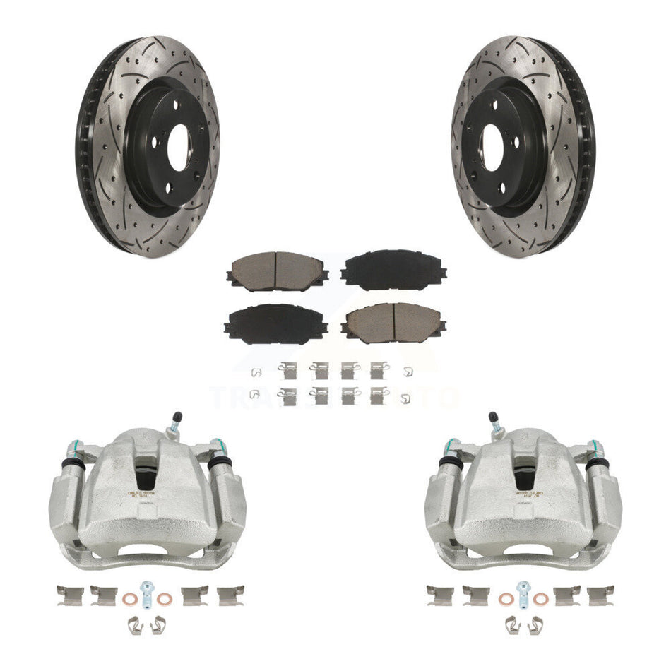 Front Disc Brake Coated Caliper Drilled Slotted Rotors And Ceramic Pads Kit For Toyota RAV4 Scion tC Matrix Pontiac Vibe Corolla iM Mirai KCD-100179C by Transit Auto