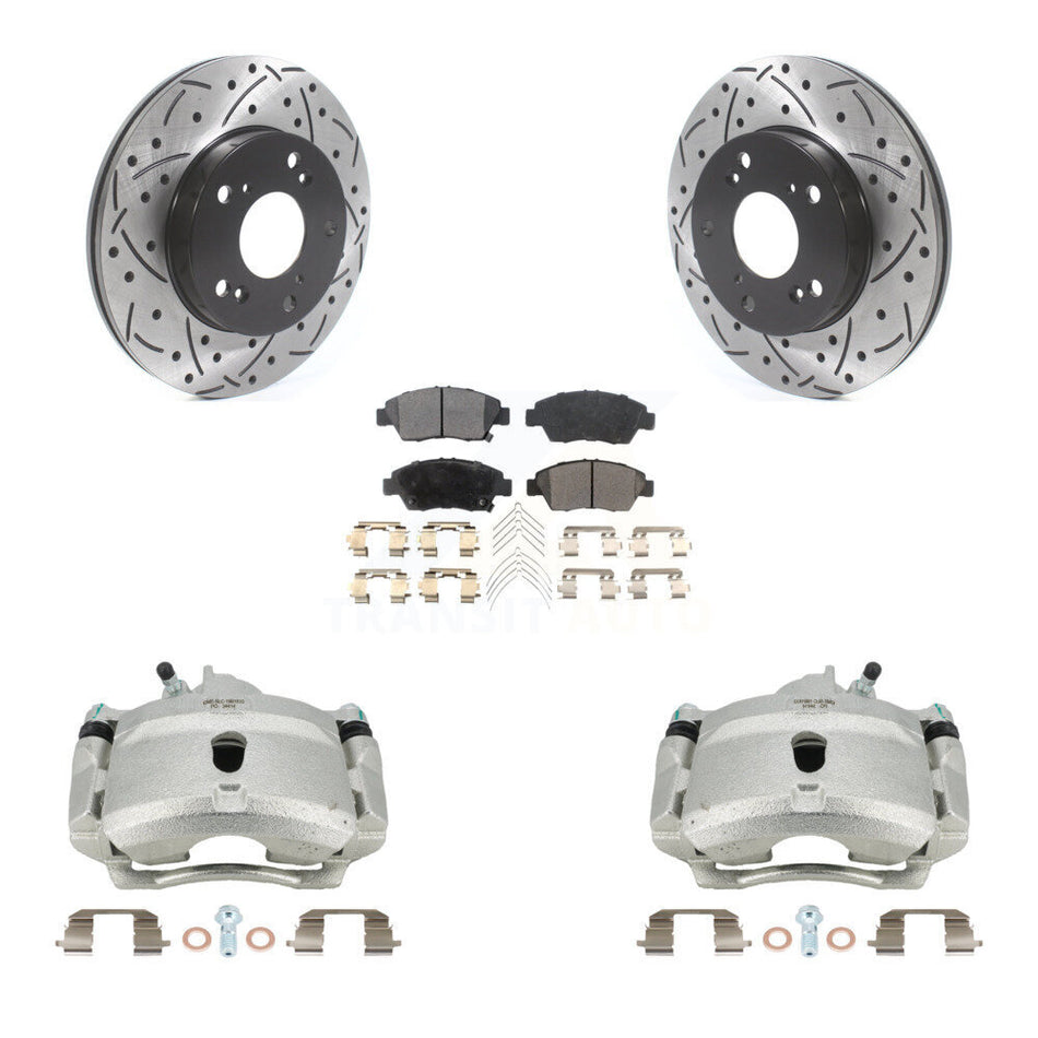Front Disc Brake Coated Caliper Drilled Slotted Rotors And Semi-Metallic Pads Kit For 2004-2005 Honda Civic Si with 1.7L With 5 Lug Wheels KCD-100186P