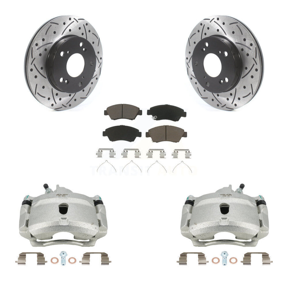Front Disc Brake Coated Caliper Drilled Slotted Rotors And Ceramic Pads Kit For 2004-2005 Honda Civic Si with 1.7L With 5 Lug Wheels KCD-100188C