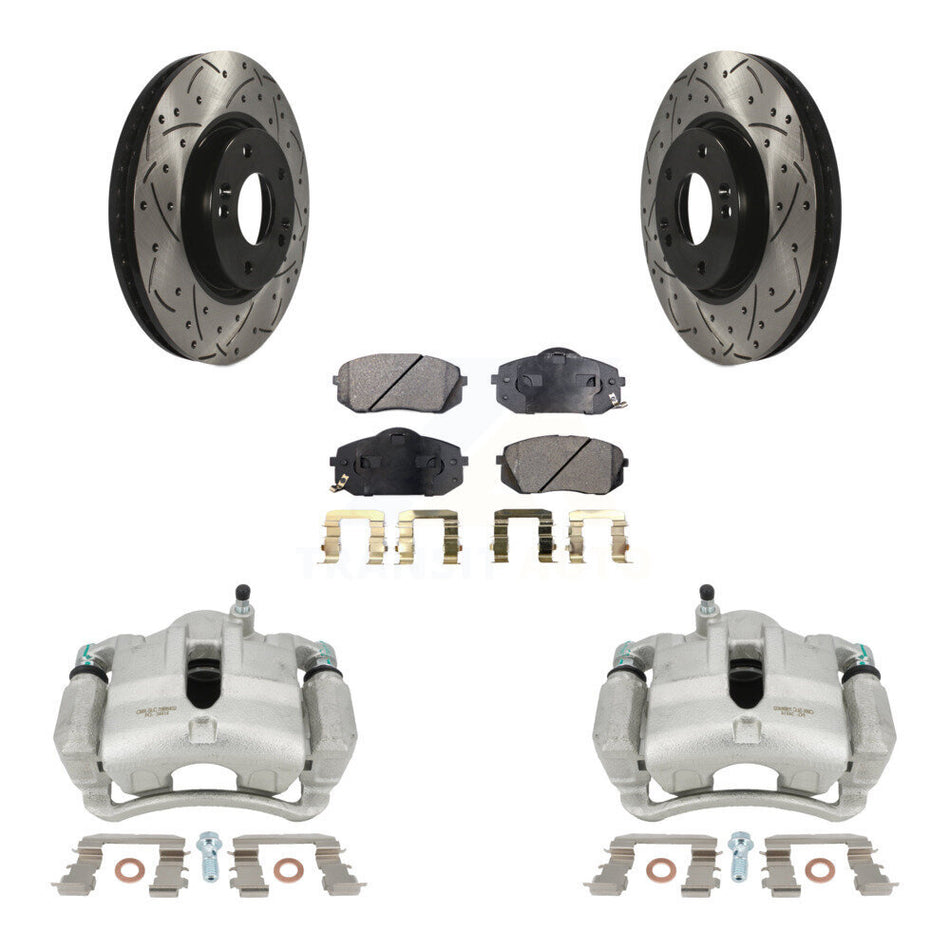 Front Disc Brake Coated Caliper Drilled Slotted Rotors And Semi-Metallic Pads Kit For Hyundai Tucson Kia Sportage KCD-100197P
