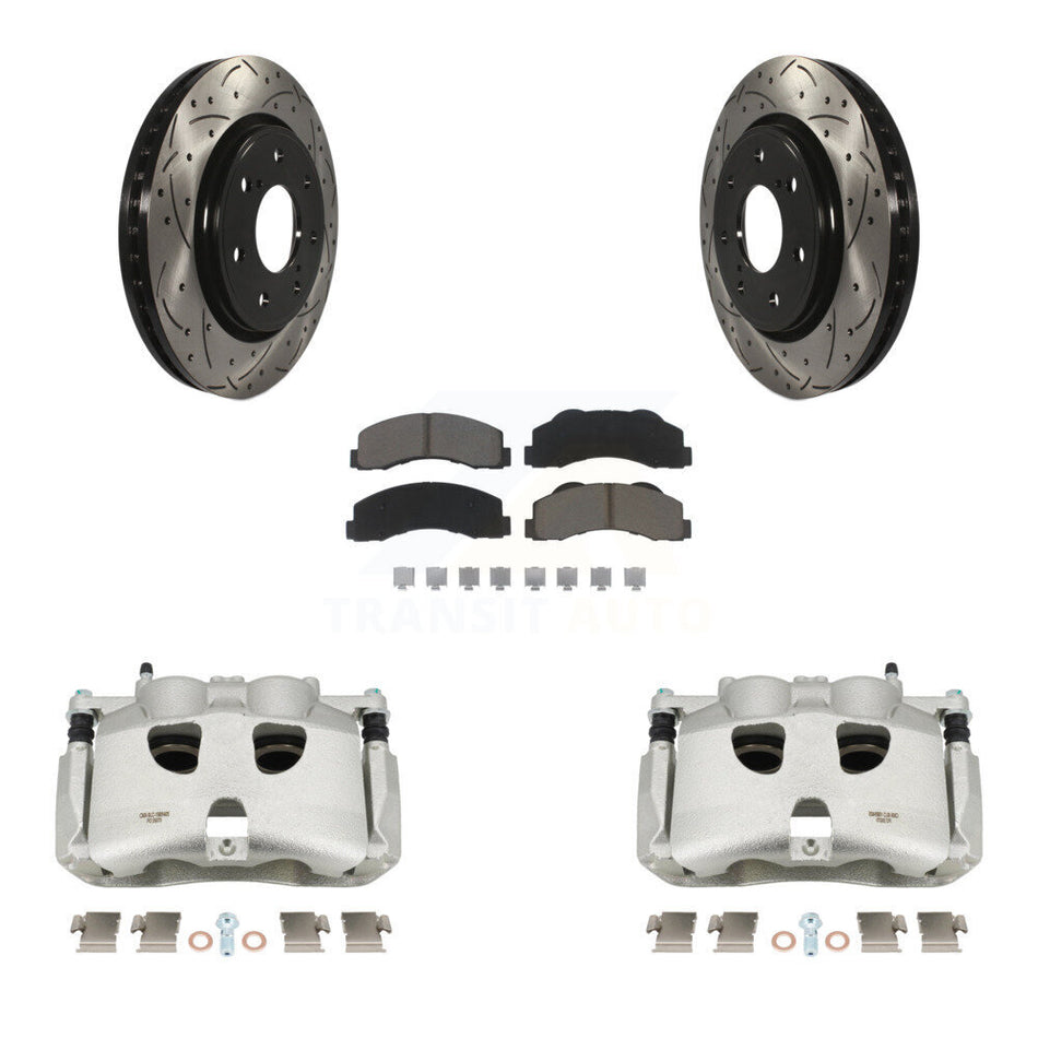 Front Disc Brake Coated Caliper Drilled Slotted Rotors And Ceramic Pads Kit For 2012-2014 Ford F-150 With 7 Lug Wheels KCD-100200C