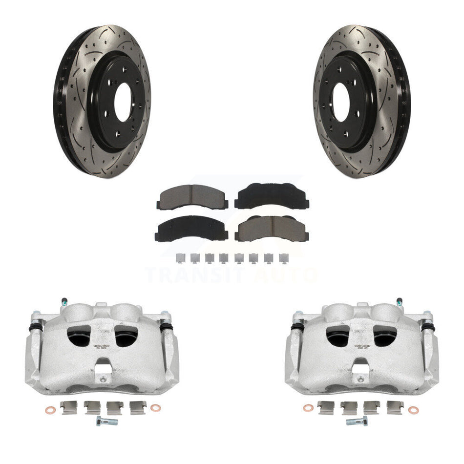 Front Disc Brake Coated Caliper Drilled Slotted Rotors And Ceramic Pads Kit For 2010-2011 Ford F-150 With 7 Lug Wheels KCD-100202C