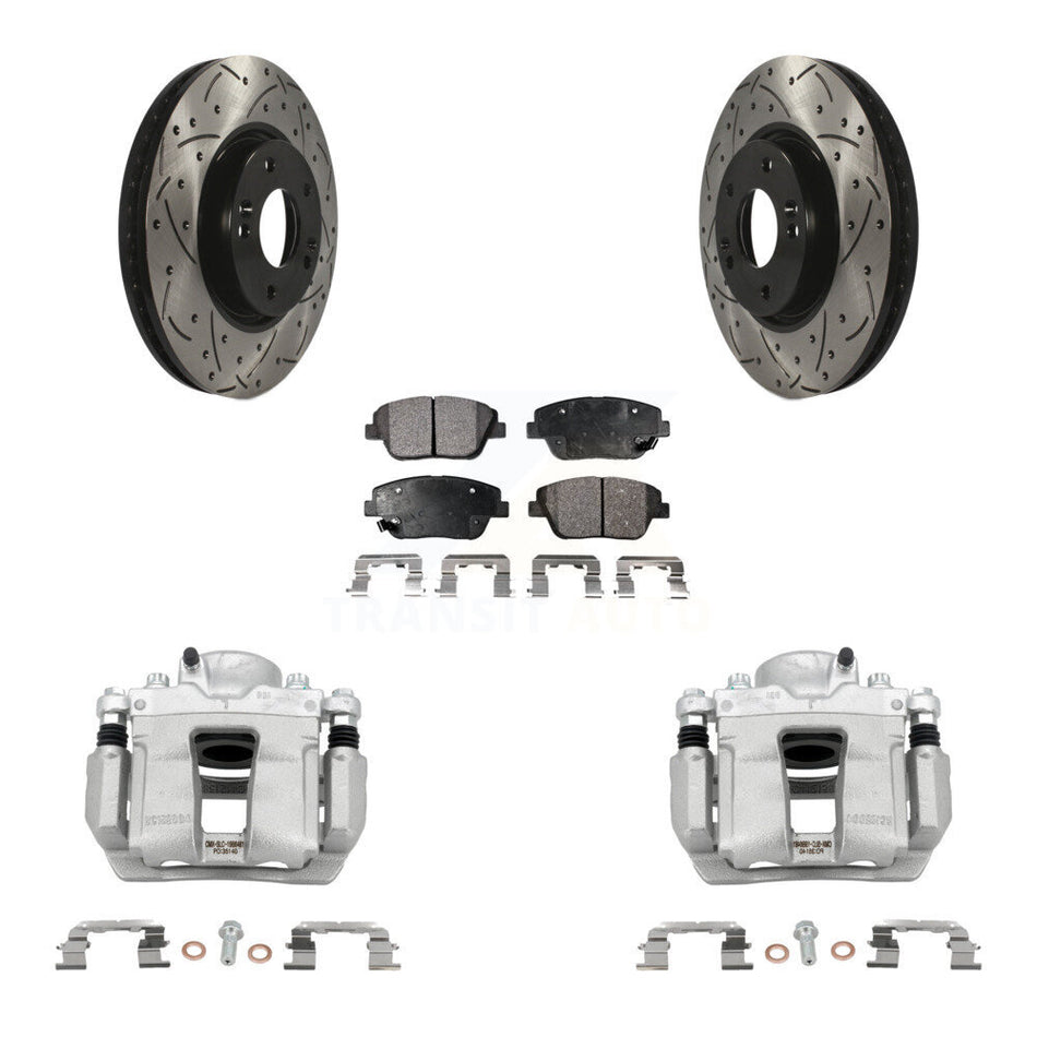 Front Brake Caliper Drill Slot Rotor Semi-Metallic Pad Kit For Hyundai Sonata Kia Optima KCD-100202P
