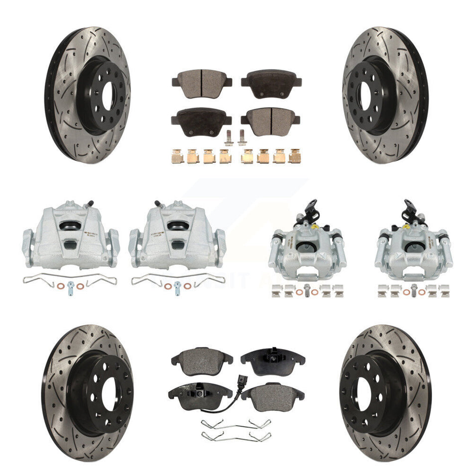 Front Rear Disc Brake Coated Caliper Drilled Slotted Rotors And Ceramic Pads Kit (10Pc) For Volkswagen Passat KCD-100218T