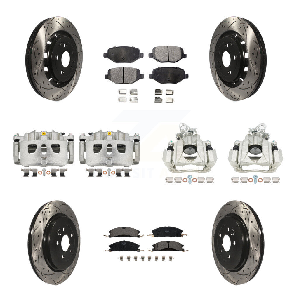 Front Rear Brake Caliper Drill Slotted Rotor Ceramic Pad Kit (10Pc) For 2016 Lincoln MKS KCD-100245T