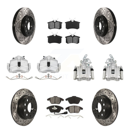 Front Rear Brake Caliper Drill Slotted Rotor Semi-Metallic Pad Kit (10Pc) For Volkswagen KCD-100246S