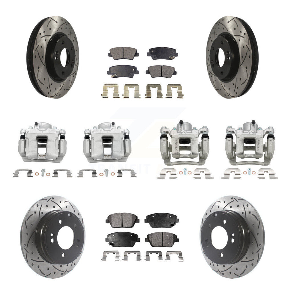 Front Rear Brake Caliper Drill Slot Rotors Ceramic Pad Kit (10Pc) For Hyundai Sonata Kia KCD-100246T