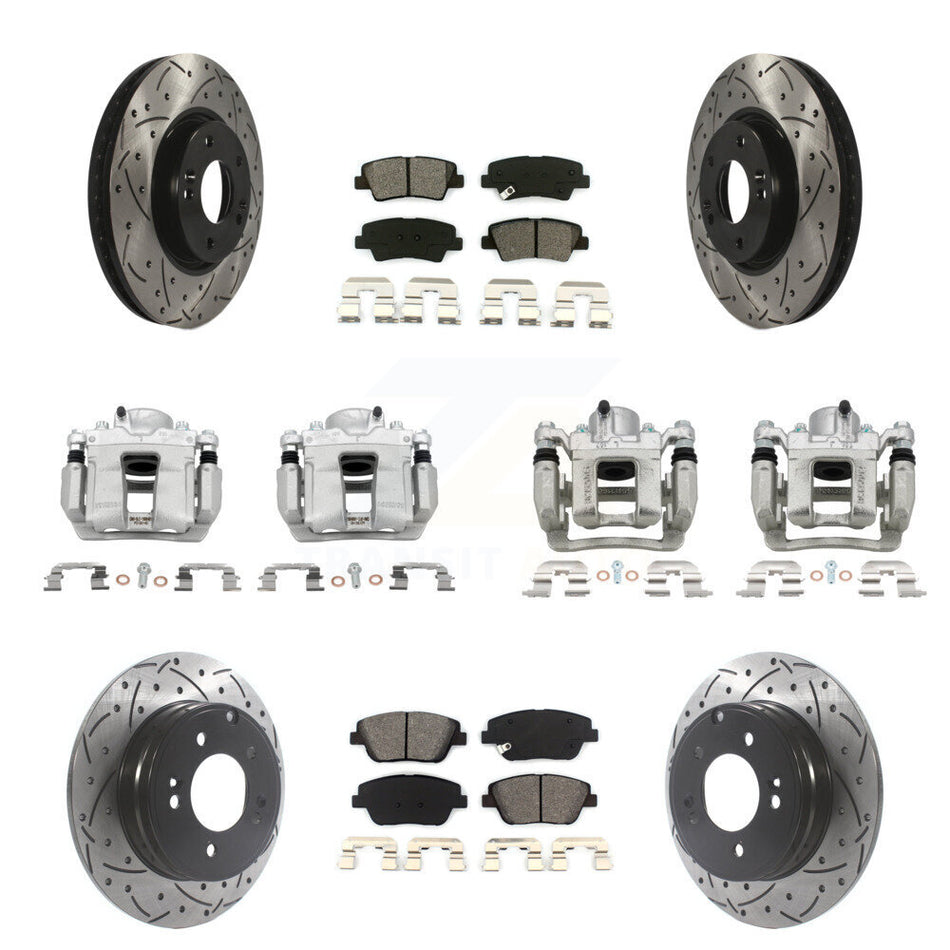 Front Rear Brake Caliper Drilled Slot Rotor Semi-Metallic Pad Kit (10Pc) For Hyundai Kia KCD-100260S