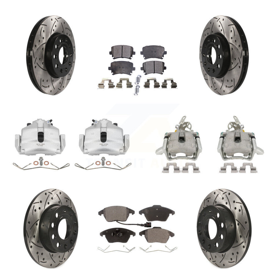 Front Rear Disc Brake Coated Caliper Drilled Slotted Rotors And Ceramic Pads Kit (10Pc) For 2006-2009 Volkswagen Rabbit KCD-100265T