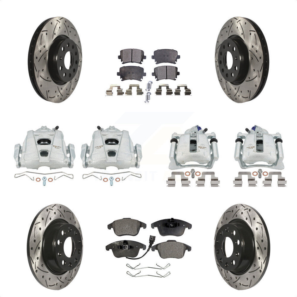 Front Rear Disc Brake Coated Caliper Drilled Slotted Rotors And Ceramic Pads Kit (10Pc) For 2009-2011 Volkswagen Tiguan KCD-100266T by Transit Auto