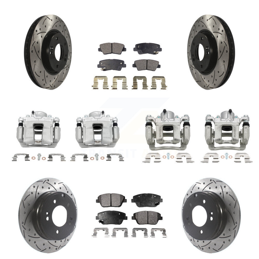 Front Rear Brake Caliper Drilled Slot Rotor Semi-Metallic Pad Kit (10Pc) For Hyundai Kia KCD-100267P