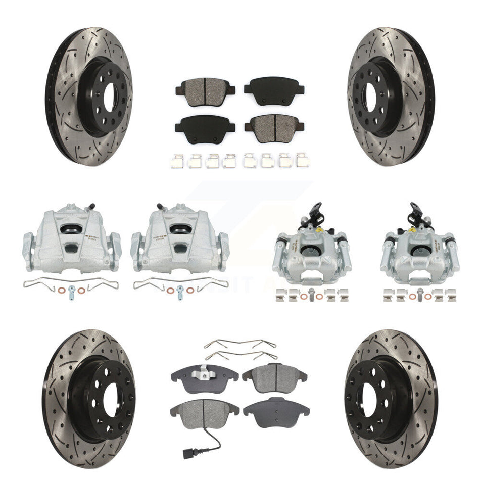 Front Rear Disc Brake Coated Caliper Drilled Slotted Rotors And Semi-Metallic Pads Kit (10Pc) For Volkswagen Passat KCD-100270S