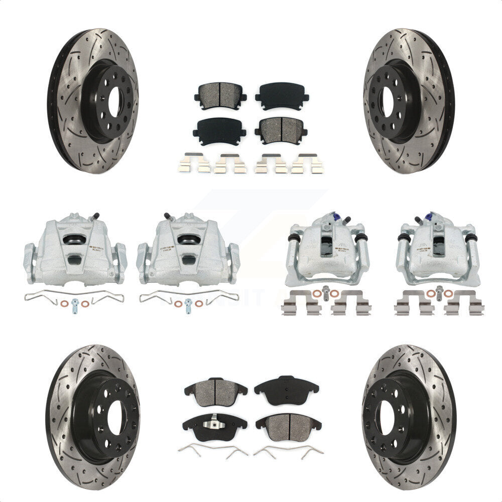 Front Rear Disc Brake Coated Caliper Drilled Slotted Rotors And Semi-Metallic Pads Kit (10Pc) For 2009-2011 Volkswagen Tiguan KCD-100271S by Transit Auto