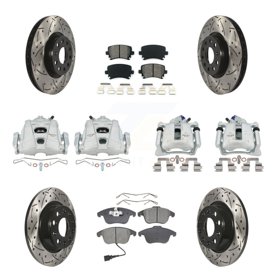 Front Rear Disc Brake Coated Caliper Drilled Slotted Rotors And Semi-Metallic Pads Kit (10Pc) For 2009-2011 Volkswagen Tiguan KCD-100271S