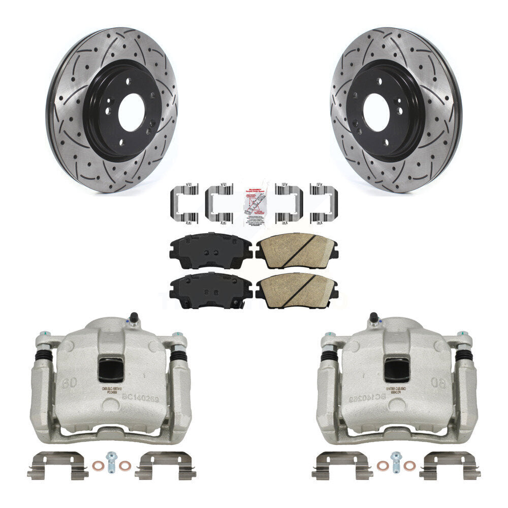 Front Brake Caliper Drill Slotted Rotors Ceramic Pad Kit For Hyundai Tucson Kia Sportage KCD-100272N