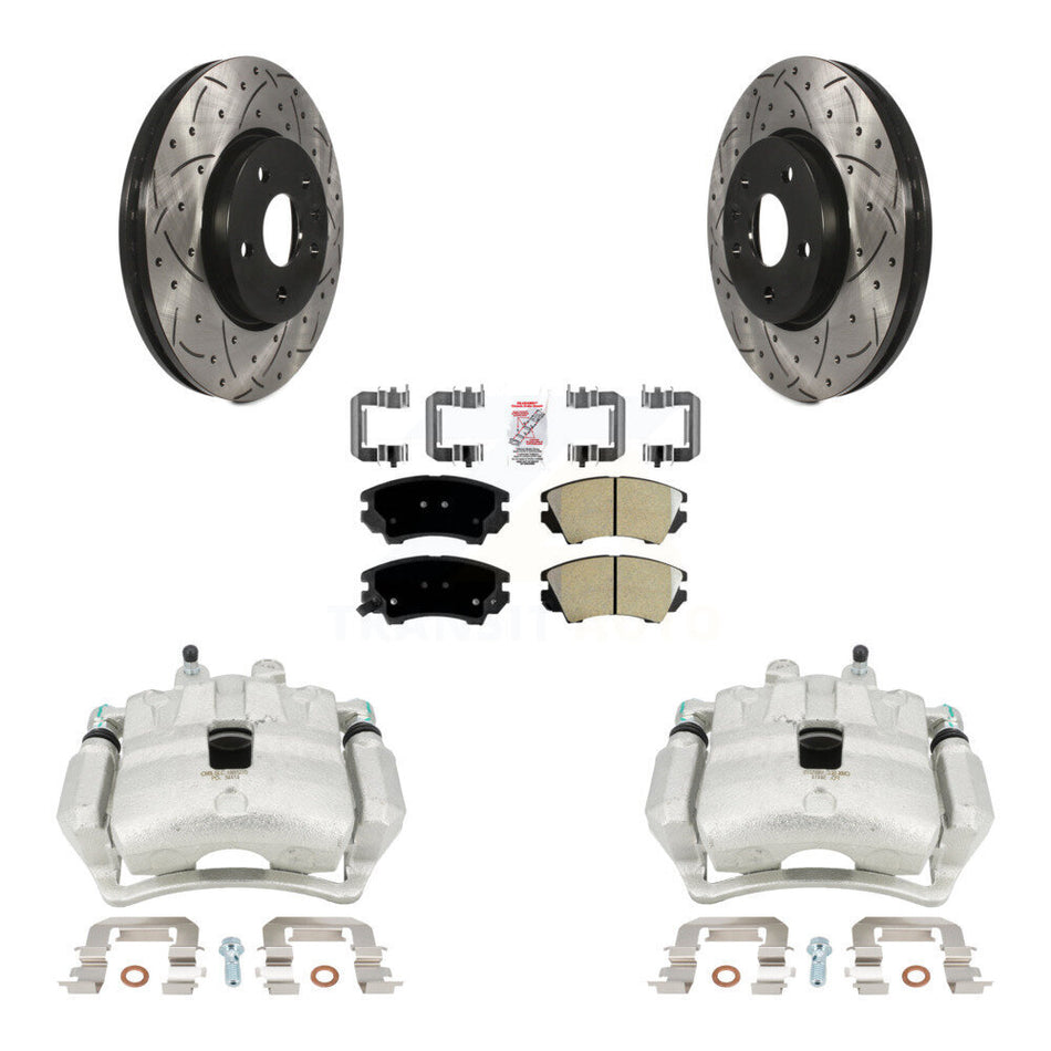 Front Disc Brake Coated Caliper Drilled Slotted Rotors And Semi-Metallic Pads Kit For 2010-2015 Chevrolet Camaro LT LS with 3.6L KCD-100276N