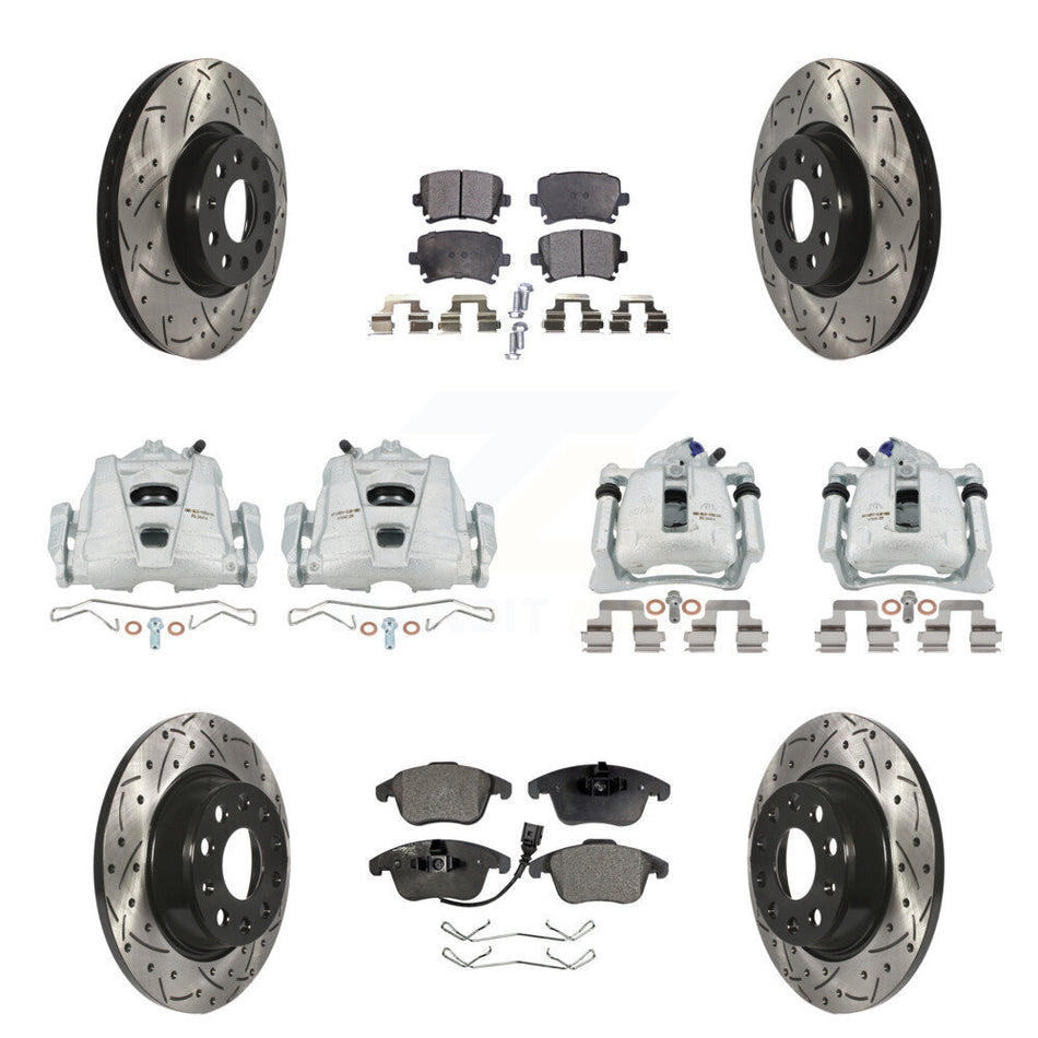 Front Rear Disc Brake Coated Caliper Drilled Slotted Rotors And Semi-Metallic Pads Kit (10Pc) For 2009-2011 Volkswagen Tiguan KCD-100278P