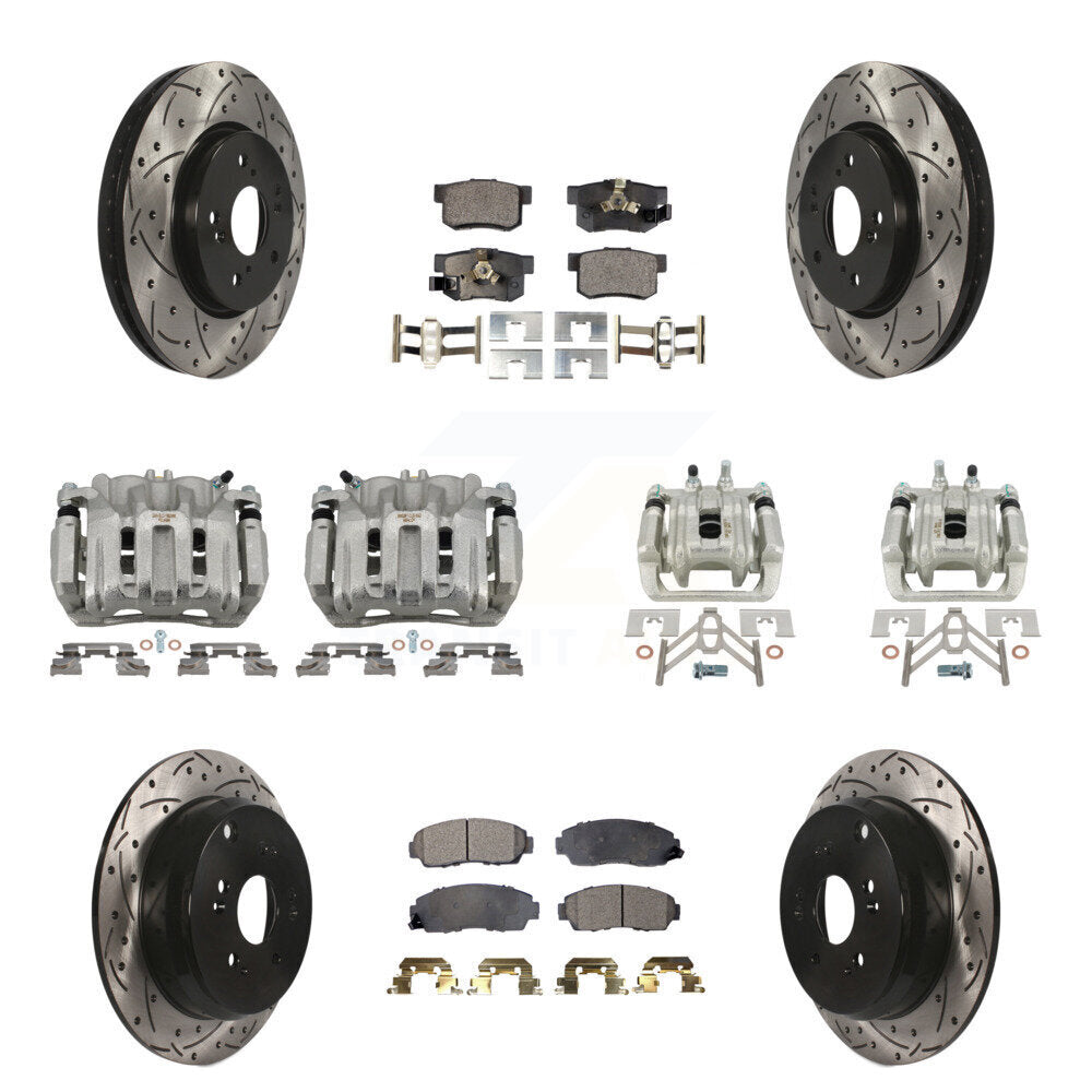 Front Rear Brake Caliper Drill Slotted Rotor Semi-Metallic Pad Kit (10Pc) For Honda CR-V KCD-100279P