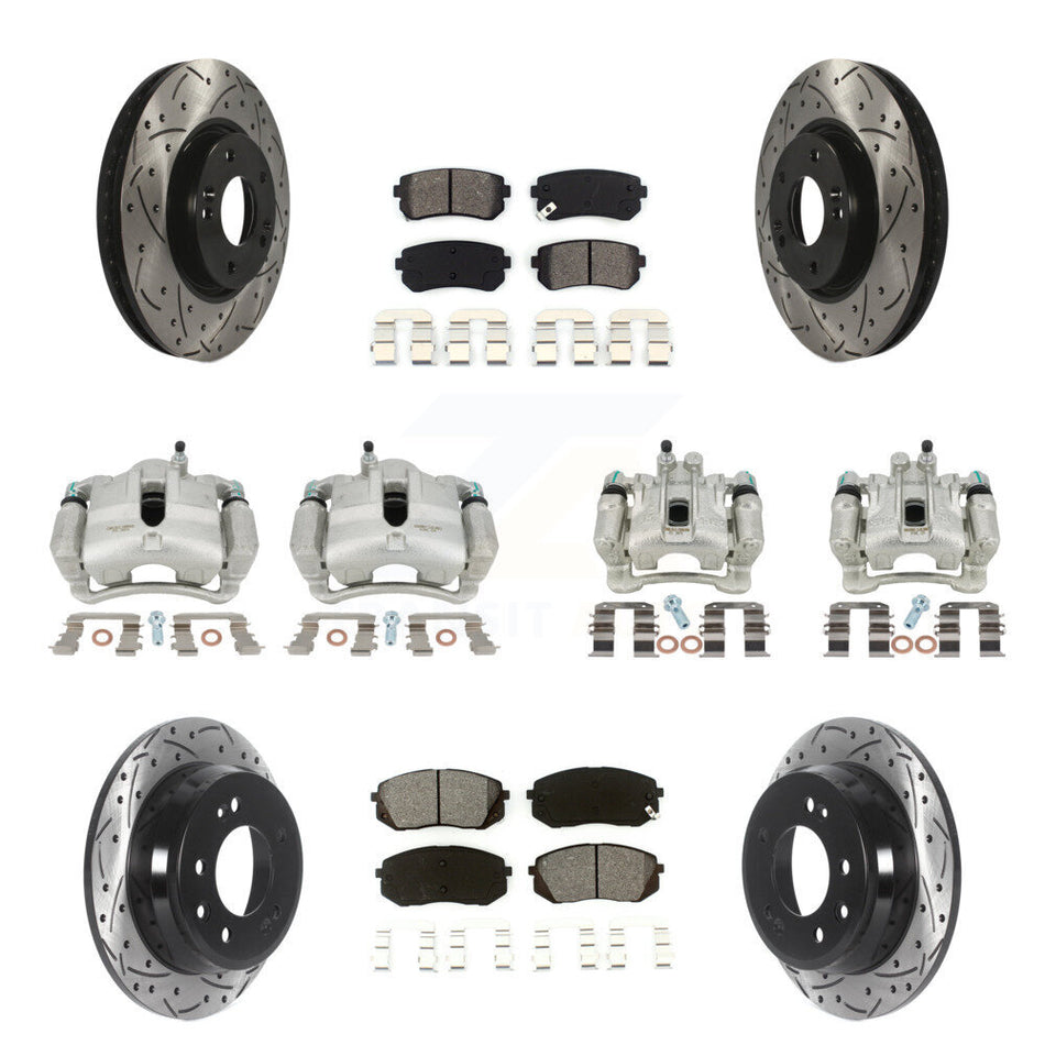 Front Rear Disc Brake Coated Caliper Drilled Slotted Rotors And Semi-Metallic Pads Kit (10Pc) For Kia Sportage Hyundai Tucson KCD-100281S