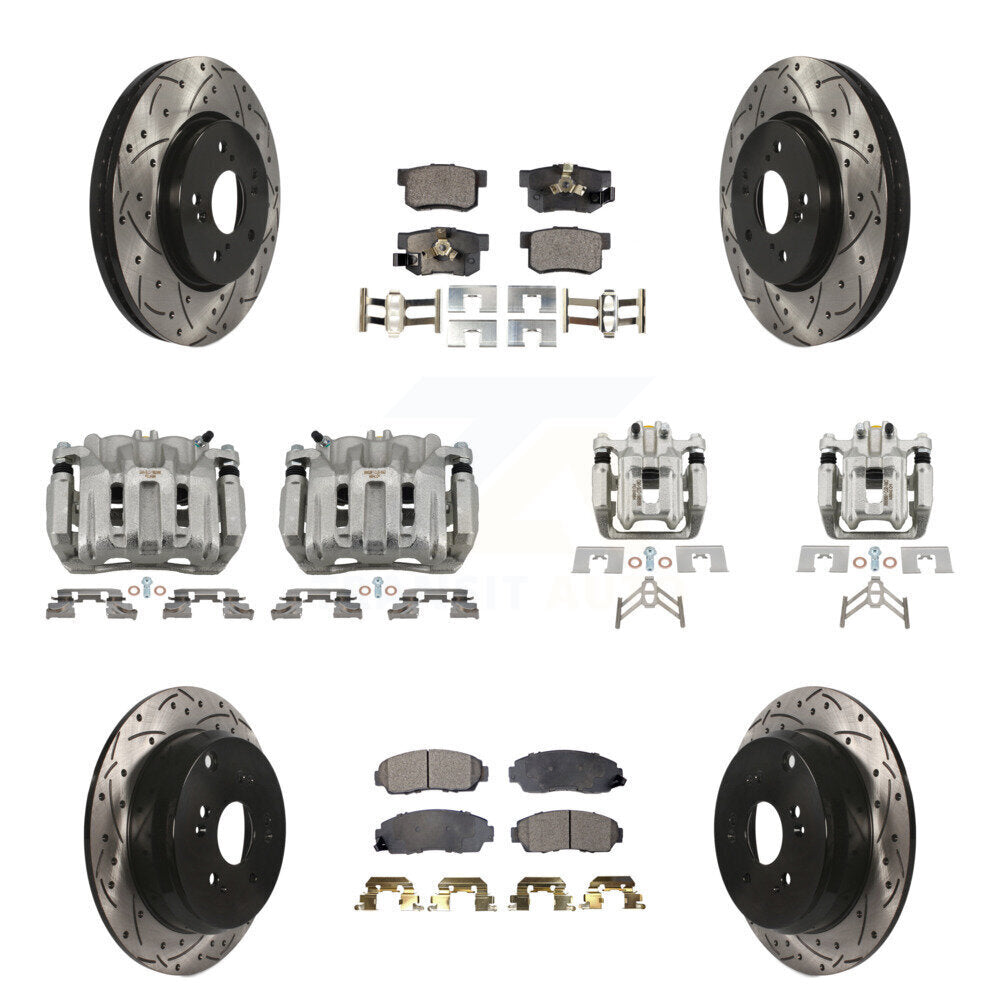 Front Rear Brake Caliper Drill Slotted Rotor Semi-Metallic Pad Kit (10Pc) For Honda CR-V KCD-100282P