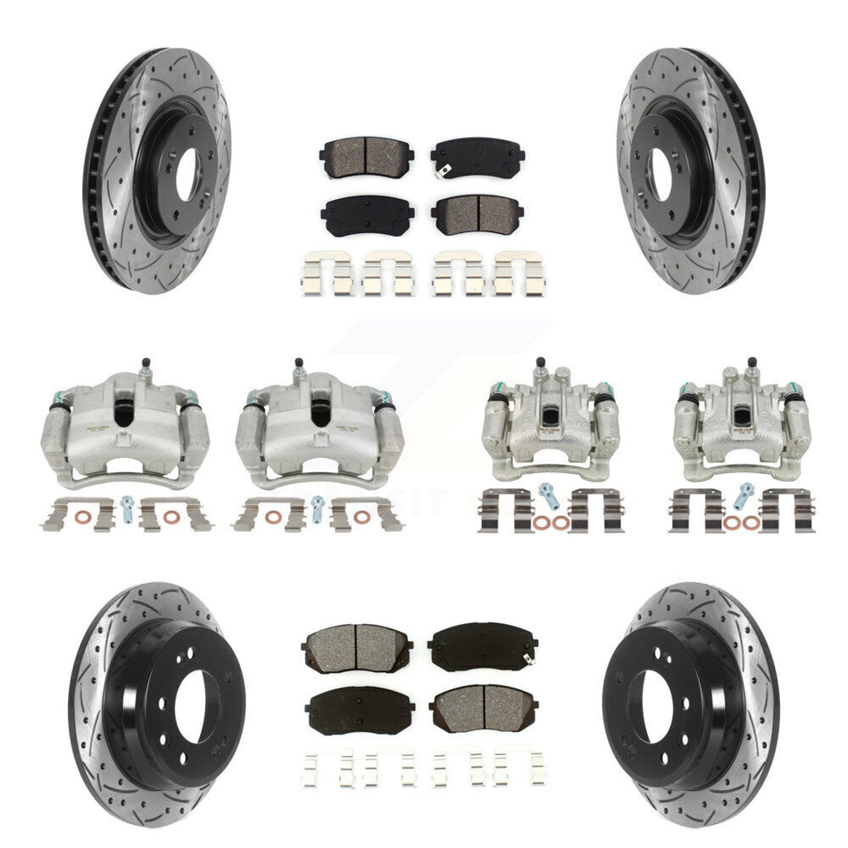 Front Rear Disc Brake Coated Caliper Drilled Slotted Rotors And Semi-Metallic Pads Kit (10Pc) For 2015 Hyundai Tucson FWD with FUEL CELL EV (FCEV) engine KCD-100282S