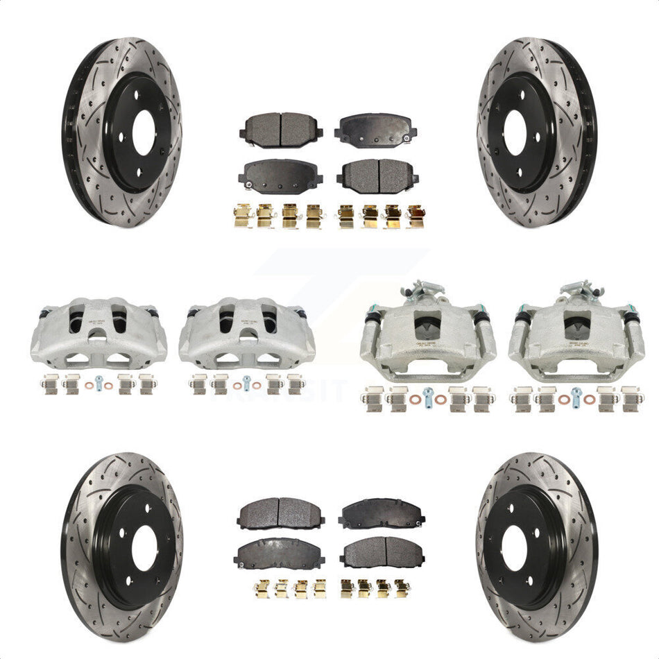 Front Rear Disc Brake Coated Caliper Drilled Slotted Rotors And Ceramic Pads Kit (10Pc) For 2017-2018 Dodge Grand Caravan With Single Piston KCD-100287T by Transit Auto