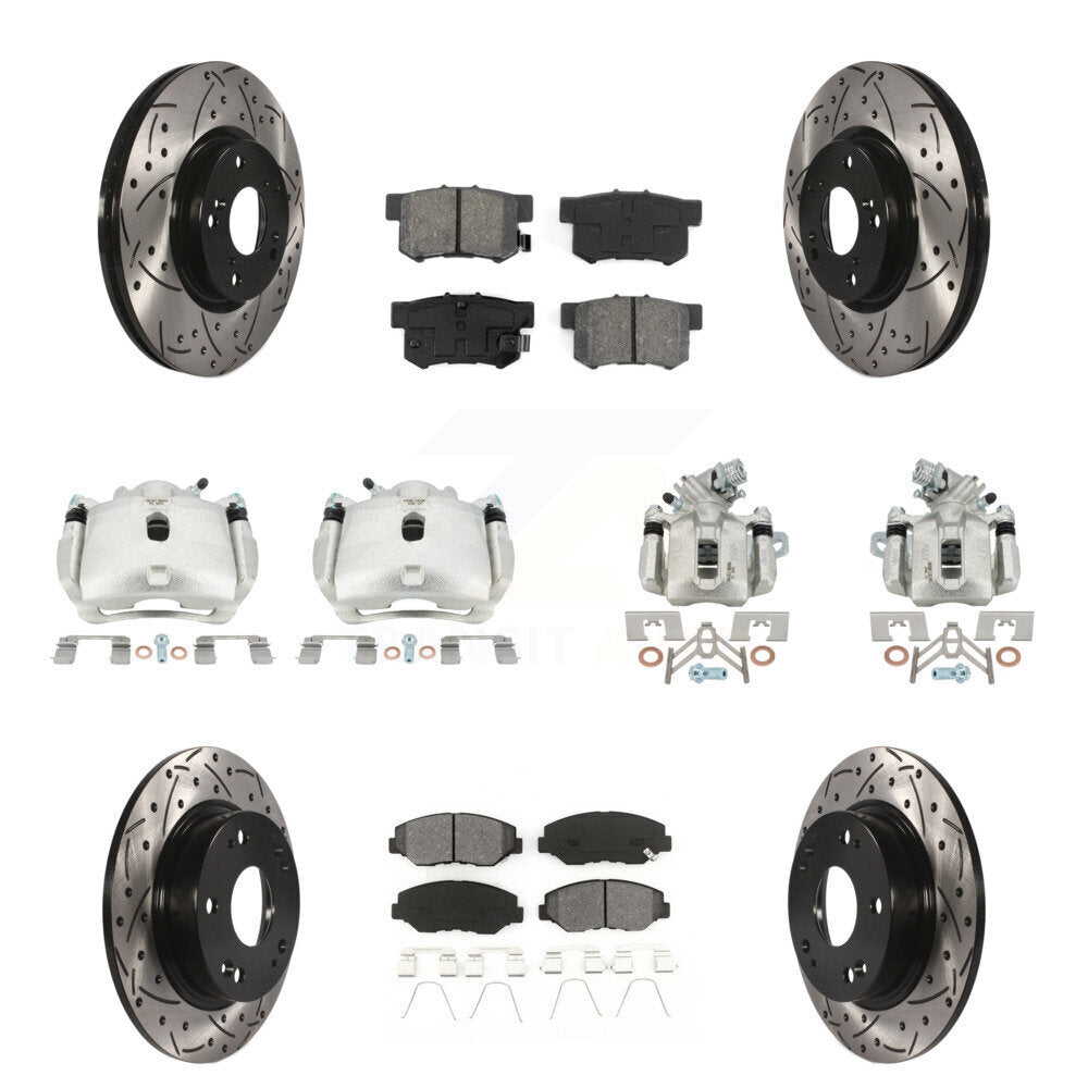 Front Rear Brake Caliper Drilled Slot Rotor Semi-Metallic Pad Kit (10Pc) For Honda Civic KCD-100292S