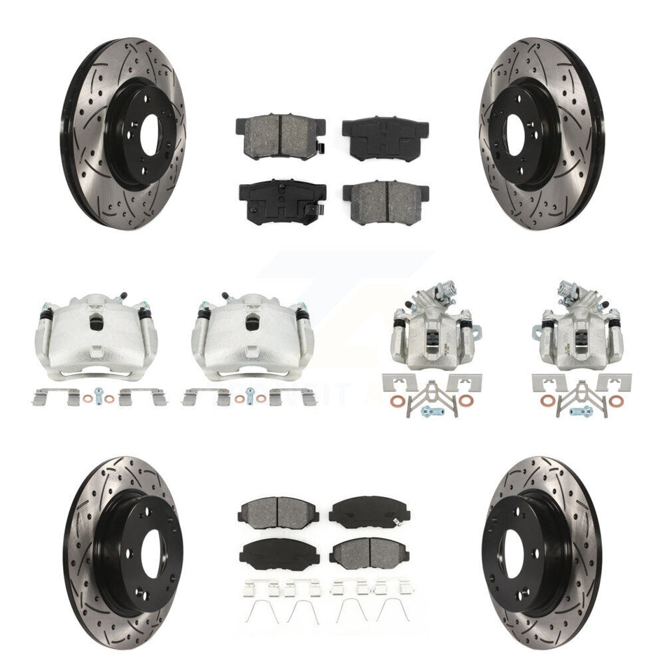 Front Rear Brake Caliper Drilled Slot Rotor Semi-Metallic Pad Kit (10Pc) For Honda Civic KCD-100292S