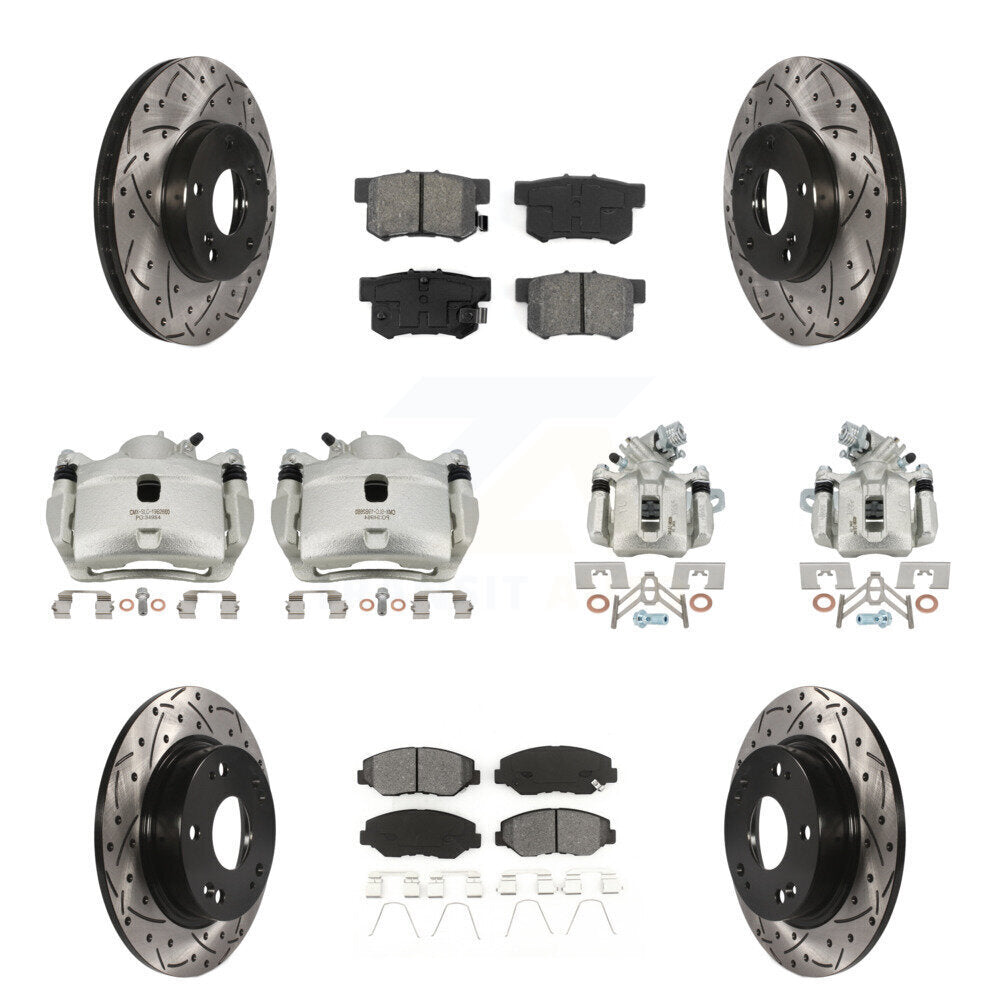 Front Rear Brake Caliper Drilled Slot Rotor Semi-Metallic Pad Kit (10Pc) For Honda Civic KCD-100294S