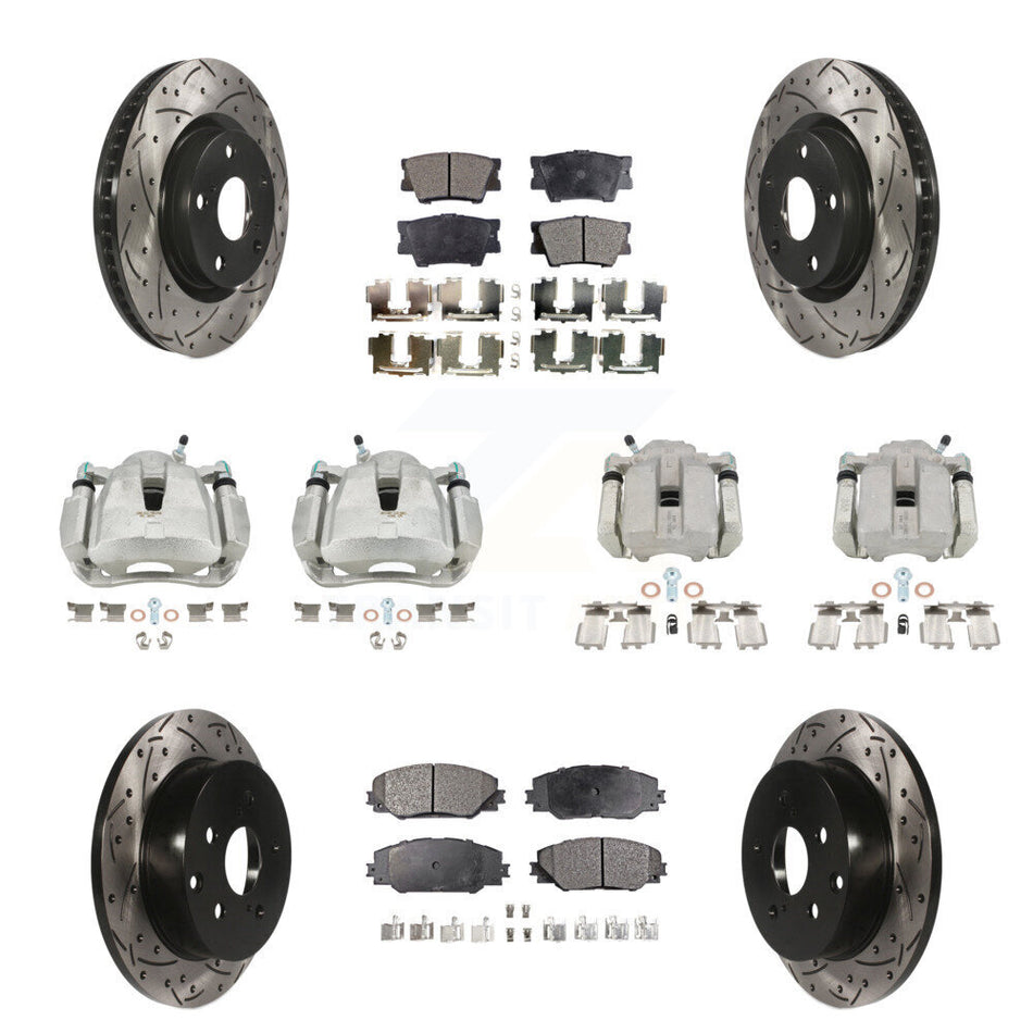 Front Rear Disc Brake Coated Caliper Drilled Slotted Rotors And Ceramic Pads Kit (10Pc) For Toyota RAV4 KCD-100294T