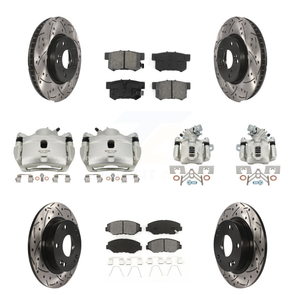 Front Rear Brake Caliper Drilled Slot Rotor Semi-Metallic Pad Kit (10Pc) For Honda Civic KCD-100295S