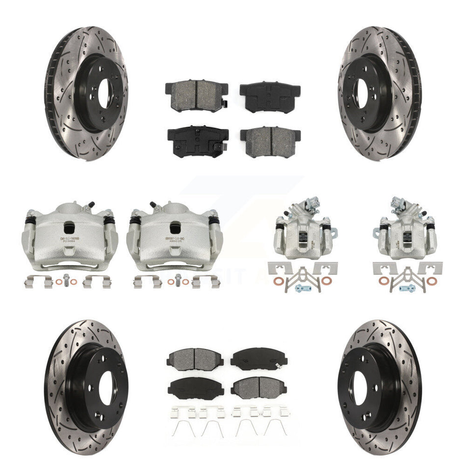 Front Rear Brake Caliper Drilled Slot Rotor Semi-Metallic Pad Kit (10Pc) For Honda Civic KCD-100295S