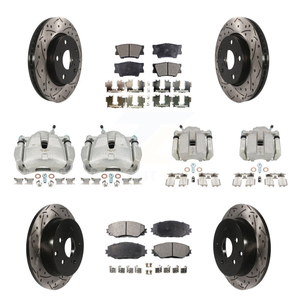 Front Rear Disc Brake Coated Caliper Drilled Slotted Rotors And Ceramic Pads Kit (10Pc) For Toyota RAV4 KCD-100295T