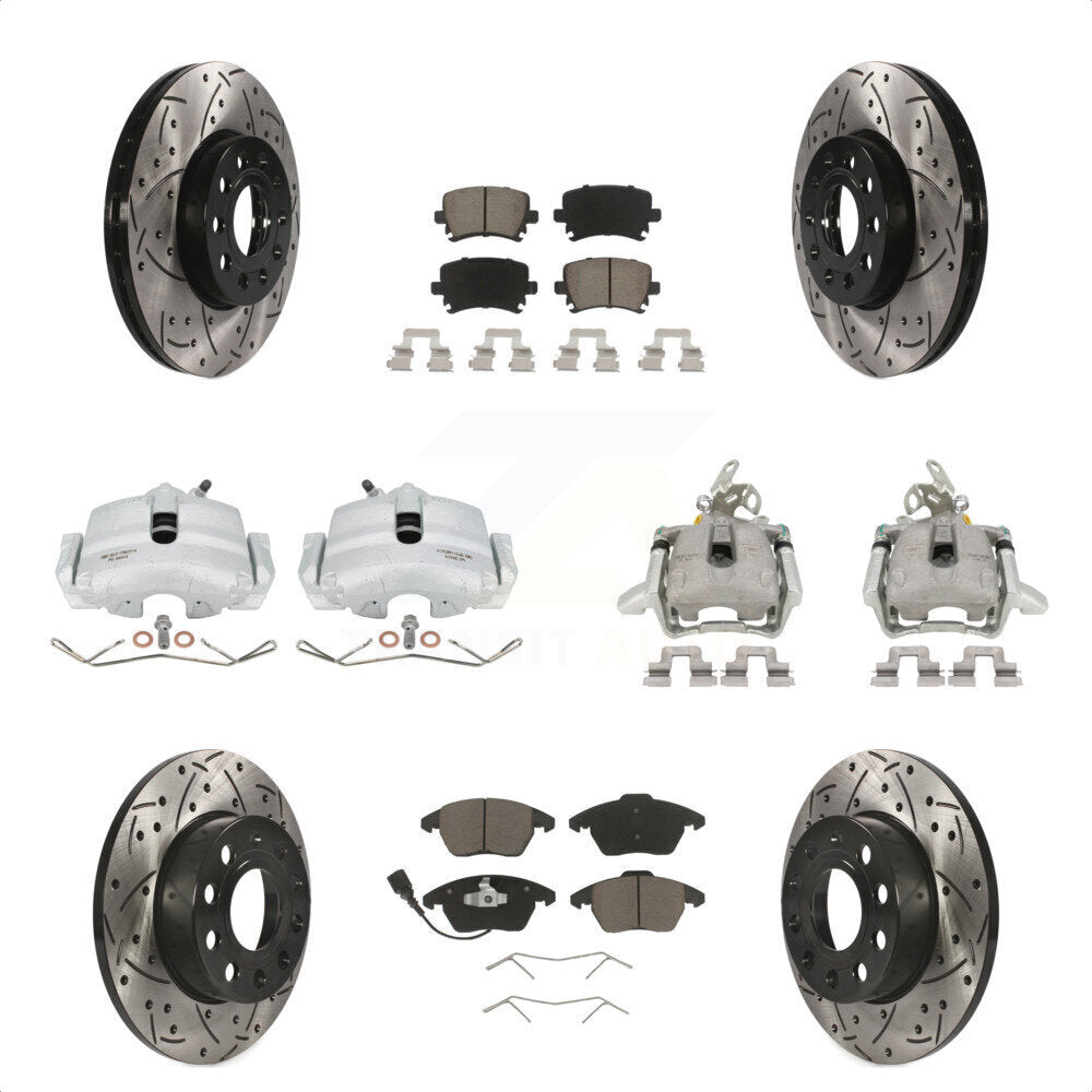 Front Rear Disc Brake Coated Caliper Drilled Slotted Rotors And Ceramic Pads Kit (10Pc) For 2006-2009 Volkswagen Rabbit KCD-100298C by Transit Auto